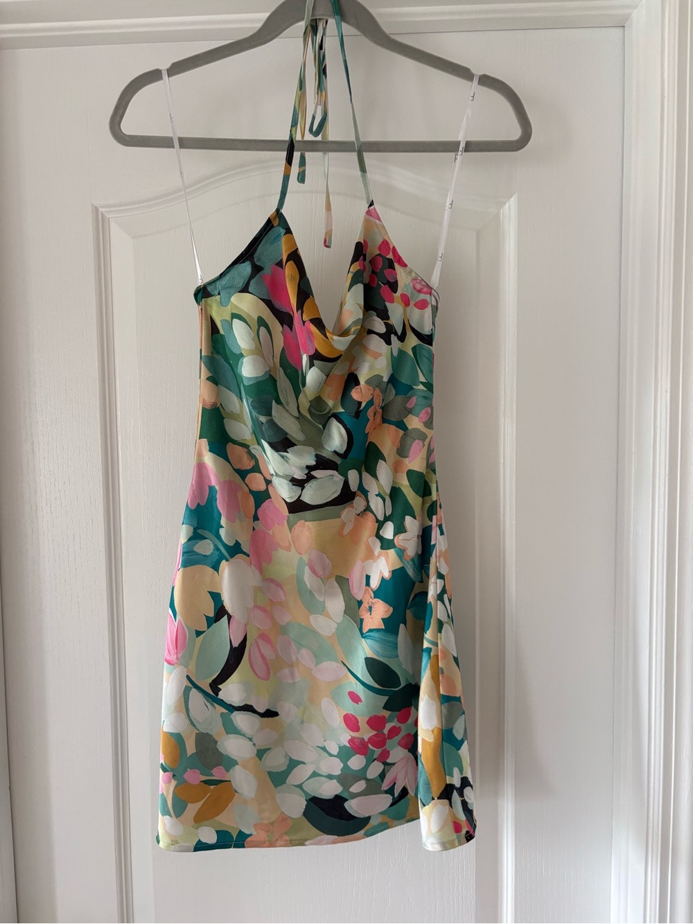 Lulu's Floral Satin Halter Slip Dress in Teal, Pink & Yellow